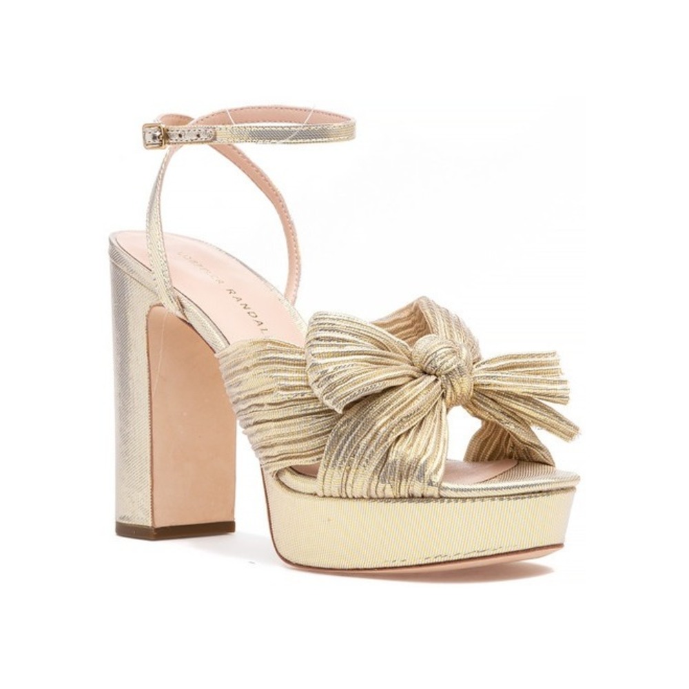 Loeffler Randall Natalia Platform Gold Pleated Bow Heels Size 9 Metallic Wedding